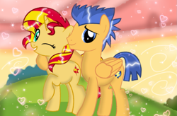 Size: 1095x720 | Tagged: safe, artist:mlplary6, character:flash sentry, character:sunset shimmer, species:pony, ship:flashimmer, g4, female, male, shipping, straight