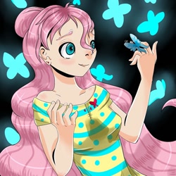 Size: 1500x1500 | Tagged: safe, artist:ellis_sunset, character:fluttershy, species:human, g4, bust, butterfly, clothing, female, humanized, smiling, solo