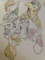 Size: 1620x2160 | Tagged: safe, artist:ellis_sunset, character:applejack, character:fluttershy, character:pinkie pie, character:rainbow dash, character:rarity, character:twilight sparkle, character:twilight sparkle (alicorn), species:alicorn, species:earth pony, species:pegasus, species:pony, species:unicorn, g4, bust, chest fluff, clothing, female, hat, mane six, mare, mouth hold, rope, smiling, traditional art