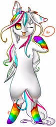 Size: 966x2160 | Tagged: safe, artist:ellis_sunset, oc, oc only, species:pegasus, species:pony, g4, bipedal, blep, clothing, one eye closed, pegasus oc, rainbow socks, simple background, socks, solo, striped socks, talking, tongue out, white background, wings, wink