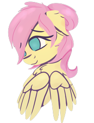 Size: 1150x1500 | Tagged: safe, artist:rhythmpixel, character:fluttershy, species:pegasus, species:pony, g4, alternate hairstyle, bust, chest fluff, female, floppy ears, hair over one eye, looking away, looking down, mare, no pupils, portrait, simple background, smiling, solo, transparent background, wings
