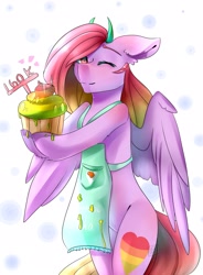 Size: 1590x2160 | Tagged: safe, artist:ellis_sunset, oc, oc only, species:pegasus, species:pony, g4, apron, bipedal, clothing, cupcake, eyes closed, food, hoof hold, horns, milestone, naked apron, pegasus oc, smiling, solo, wings
