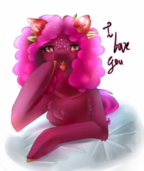 Size: 1812x2160 | Tagged: safe, artist:ellis_sunset, oc, oc only, species:earth pony, species:pony, g4, chest fluff, earth pony oc, food, freckles, lying down, mouth hold, prone, solo, strawberry, talking