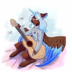 Size: 2158x2160 | Tagged: safe, artist:ellis_sunset, oc, oc only, species:alicorn, species:pony, g4, alicorn oc, bandaid, clothing, colored hooves, guitar, heterochromia, horn, jewelry, musical instrument, necklace, signature, sitting, solo, two toned wings, wings, yin-yang