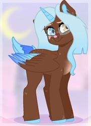 Size: 768x1060 | Tagged: safe, artist:ellis_sunset, oc, oc only, species:alicorn, species:pony, g4, alicorn oc, bandaid, colored hooves, freckles, glasses, heterochromia, horn, smiling, solo, two toned wings, wings