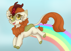 Size: 919x667 | Tagged: safe, artist:brendalobinha, character:autumn blaze, species:kirin, episode:sounds of silence, g4, my little pony: friendship is magic, a kirin tale, female, leaping, mare, rainbow trail, sky, solo