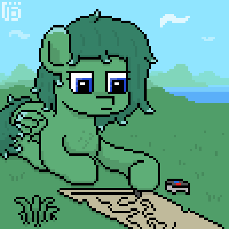 Size: 800x800 | Tagged: safe, artist:vohd, oc, oc:shindy oozrein, species:pegasus, species:pony, g4, animated, cloud, compass, drawing, frame by frame, grass, lake, map, pixel art, solo