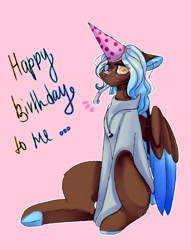 Size: 1652x2160 | Tagged: safe, artist:ellis_sunset, oc, oc only, species:pegasus, species:pony, g4, bandaid, clothing, colored hooves, freckles, frog (hoof), happy birthday, hat, heterochromia, jewelry, necklace, party hat, party horn, pegasus oc, pink background, simple background, two toned wings, underhoof, wings, yin-yang