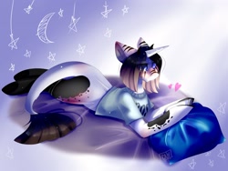 Size: 2560x1930 | Tagged: safe, artist:ellis_sunset, oc, oc only, species:pony, species:unicorn, g4, clothing, horn, leonine tail, lying down, pillow, prone, reading, tablet, unicorn oc