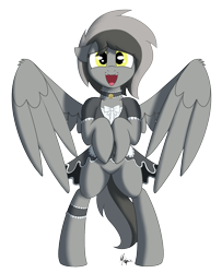 Size: 1300x1600 | Tagged: safe, artist:ponynamedmixtape, oc, oc only, oc:greyscale, species:pegasus, species:pony, g4, bell, bipedal, cat bell, choker, clothing, collar, featureless crotch, female, looking at you, maid, mare, presenting, simple background, skirt, skirt lift, solo, transparent background