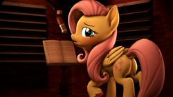Size: 3840x2160 | Tagged: safe, artist:psfmer, character:fluttershy, species:pony, g4, 3d, acoustic foam, bedroom eyes, blushing, butt, dock, female, looking at you, looking back, looking back at you, mare, microphone, one hoof raised, plot, recording studio, sheet music, solo, source filmmaker, stand, unshorn fetlocks, wings