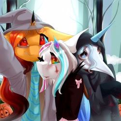 Size: 2160x2160 | Tagged: safe, artist:ellis_sunset, oc, oc only, species:alicorn, species:pony, species:unicorn, g4, alicorn oc, clothing, costume, halloween, hat, heterochromia, holiday, horn, jack-o-lantern, one eye closed, outdoors, plague doctor mask, pumpkin, selfie, smiling, tree, two toned wings, unicorn oc, wings, wink, witch hat