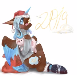 Size: 2160x2160 | Tagged: safe, artist:ellis_sunset, oc, oc only, species:alicorn, species:pony, g4, alicorn oc, bandaid, christmas, clothing, freckles, happy new year 2019, hat, heterochromia, holiday, horn, pig, santa hat, santa sack, simple background, sitting, socks, two toned wings, white background, wings
