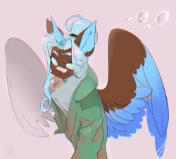 Size: 2400x2160 | Tagged: safe, artist:ellis_sunset, oc, oc only, species:alicorn, species:pony, g4, alicorn oc, bandaid, bubblegum, bust, clothing, food, gum, heterochromia, horn, solo, two toned wings, wings