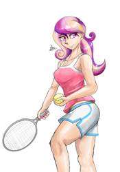 Size: 1400x2000 | Tagged: safe, artist:zachc, character:princess cadance, species:human, g4, clothing, female, humanized, looking away, solo, tennis ball, tennis racket
