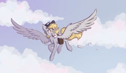 Size: 1200x702 | Tagged: safe, artist:beantoebean, artist:spetu, character:derpy hooves, species:pegasus, species:pony, g4, bag, cloud, female, flying, mail, mouth hold, saddle bag, solo