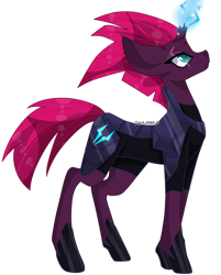 Size: 1024x1273 | Tagged: safe, artist:darkjillmlp123, character:tempest shadow, species:pony, species:unicorn, g4, armor, broken horn, eye scar, female, glowing horn, horn, looking up, mare, scar, simple background, solo, standing, transparent background