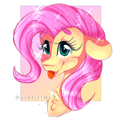 Size: 2000x2000 | Tagged: safe, artist:darkjillmlp123, character:fluttershy, species:pegasus, species:pony, g4, beanbrows, blep, blushing, bust, chest fluff, cute, eyebrows, eyebrows visible through hair, female, floppy ears, gradient background, high res, looking at you, mare, partial background, portrait, shyabetes, simple background, smiling, solo, sparkles, three quarter view, tongue out, transparent background