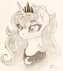 Size: 1600x1800 | Tagged: safe, artist:awalex, character:princess luna, species:alicorn, species:pony, g4, bust, cheek fluff, chest fluff, cute, ear fluff, female, lunabetes, mare, monochrome, pencil drawing, portrait, simple background, solo, traditional art, white background