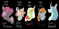 Size: 1280x640 | Tagged: safe, artist:lepiswerid, oc, oc:dust monsoon, oc:embroidery, oc:hip mash, oc:snow emerald, oc:sprout, parent:babs seed, parent:button mash, parent:diamond tiara, parent:featherweight, parent:rumble, parent:scootaloo, parent:silver spoon, parent:snails, parent:snips, parent:sweetie belle, parents:diamondsnail, parents:rumbloo, parents:silversnips, parents:sweetiemash, species:earth pony, species:pegasus, species:pony, species:unicorn, g4, angry, anxiety, blind, choker, colored wings, ear piercing, earring, glasses, horn, horn ring, jewelry, offspring, parents:featherseed, piercing, ring, smug, text, unimpressed, wings