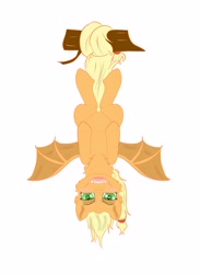 Size: 2800x3818 | Tagged: safe, artist:dicemarensfw, character:applejack, species:bat, species:bat pony, species:earth pony, species:pony, g4, blushing, fangs, female, hair, hairband, hanging, hanging upside down, hooves, mare, open mouth, shading, simple background, slit eyes, snake eyes, solo, spread wings, sticker, teeth, upside down, white background, wings