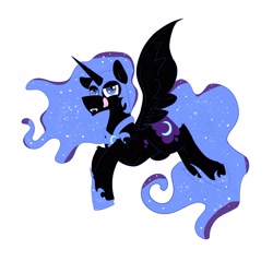Size: 2800x2800 | Tagged: safe, artist:dicemarensfw, character:nightmare moon, character:princess luna, species:alicorn, species:pegasus, species:pony, species:unicorn, g4, armor, colored, fangs, female, flying, horn, moon, shading, simple background, solo, sparkles, spread wings, sticker, tongue out, white, white background, wings