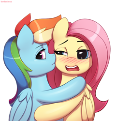 Size: 914x953 | Tagged: safe, artist:tentacless, character:fluttershy, character:rainbow dash, species:pegasus, species:pony, ship:flutterdash, g4, blushing, female, kissing, lesbian, shipping