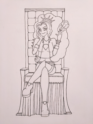 Size: 469x625 | Tagged: safe, artist:metalamethyst, character:adagio dazzle, g4, my little pony:equestria girls, alternate outfits, boots, clothing, crossed legs, crossover, disguise, disguised siren, jacket, jojo's bizarre adventure, lineart, phantom blood, shoes, sitting, smug, stone mask, throne, traditional art, wip