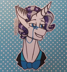 Size: 1280x1389 | Tagged: safe, artist:raritylover152, character:rarity, species:pony, species:unicorn, g4, bow tie, bust, elusive, male, mole, monocle, older, older elusive, older rarity, polka dot background, rule 63, solo, stallion, traditional art