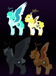 Size: 1280x1732 | Tagged: safe, artist:lepiswerid, oc, oc:black (among us), oc:brown (among us), oc:cyan (among us), oc:yellow (among us), species:pegasus, species:pony, g4, among us, black, black background, braid, brown, colored hooves, colored wings, cyan, deformed wing, deformity, fanart, hair covering face, ponytail, simple background, wings, yellow