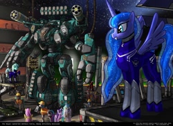 Size: 1024x747 | Tagged: safe, artist:foxi-5, character:fluttershy, character:lyra heartstrings, character:princess celestia, character:princess luna, character:twilight sparkle, artillery, giant robot, mecha