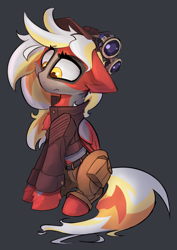 Size: 2673x3777 | Tagged: safe, artist:ignis, oc, oc only, oc:ember (ignis), species:pegasus, species:pony, g4, clothing, cloths, coat, goggles, hat, pants, scowl, simple background, two toned coat