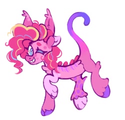 Size: 1388x1331 | Tagged: safe, artist:occultusion, character:pinkie pie, species:draconequus, g4, alternate hairstyle, draconequified, female, grin, one eye closed, pinkonequus, raised hoof, raised leg, simple background, smiling, solo, species swap, white background, wink