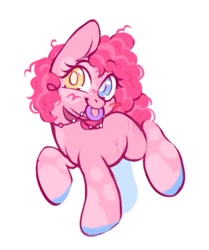 Size: 1252x1495 | Tagged: safe, artist:occultusion, character:pinkie pie, species:earth pony, species:pony, g4, alternate hairstyle, blushing, female, heterochromia, jewelry, mare, missing accessory, mouth hold, necklace, nom, raised hoof, raised leg, redesign, simple background, solo, unshorn fetlocks, white background