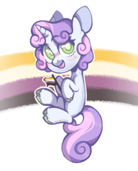 Size: 666x827 | Tagged: safe, artist:occultusion, character:sweetie belle, species:pony, species:unicorn, g4, blushing, female, flag, missing cutie mark, nonbinary, nonbinary pride flag, open mouth, pride, pride flag, rainbow, raised leg, simple background, solo, unshorn fetlocks, white background