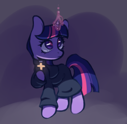Size: 720x700 | Tagged: safe, artist:occultusion, character:twilight sparkle, character:twilight sparkle (unicorn), species:pony, species:unicorn, g4, airdorf games, christianity, clothing, cross, crossover, crucifix, faith, faith: the unholy trinity, female, glowing horn, hoof hold, horn, horror, indie game, magic, mare, multicolored hair, new blood interactive, priest, purple eyes, purple fur, raised hoof, shirt, solo, tomboy, video game crossover