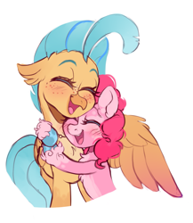 Size: 1111x1279 | Tagged: safe, artist:occultusion, character:pinkie pie, character:princess skystar, species:earth pony, species:hippogriff, species:pony, ship:skypie, g4, blushing, cute, dawwww, eyes closed, female, freckles, hug, lesbian, mare, markings, open mouth, redesign, shipping, simple background, white background, winghug
