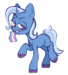 Size: 625x691 | Tagged: safe, artist:occultusion, character:trixie, species:pony, species:unicorn, g4, bedroom eyes, female, grin, mare, missing cutie mark, mouth hold, pride, pride flag, raised hoof, raised leg, simple background, smiling, solo, trans female, trans mare trixie, trans trixie, transgender, transgender pride flag, unshorn fetlocks, white background