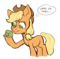 Size: 679x673 | Tagged: safe, artist:occultusion, character:applejack, species:earth pony, species:pony, g4, applejack's hat, clothing, confused, cowboy hat, female, freckles, hat, hoof hold, mare, missing cutie mark, raised hoof, solo, thought bubble