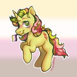 Size: 1048x1048 | Tagged: safe, artist:occultusion, character:mimic (g1), species:pony, species:unicorn, g1, blushing, female, mouth hold, nonbinary, nonbinary pride flag, pride, pride flag, solo