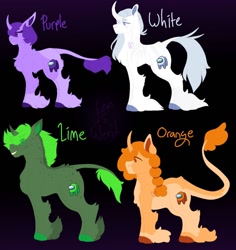 Size: 1280x1356 | Tagged: safe, artist:lepiswerid, oc, oc:lime (among us), oc:orange (among us), oc:purple (among us), oc:white (among us), species:pony, species:unicorn, g4, among us, cloven hooves, colored hooves, curved horn, fetlock tuft, horn, leonine tail