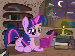 Size: 2000x1500 | Tagged: safe, artist:firebrandkun, character:spike, character:twilight sparkle, candle, night, reading