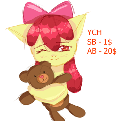 Size: 1764x1784 | Tagged: safe, artist:vaiola, character:apple bloom, species:earth pony, species:pony, g4, adorabloom, advertisement, auction, baby, baby pony, blushing, bust, commission, cute, female, head, hug, one eye closed, plushie, portrait, shy, simple background, sketch, smiling, teddy bear, white background, ych example, ych sketch, your character here
