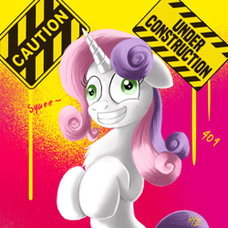Size: 1024x1024 | Tagged: safe, artist:jphyperx, character:sweetie belle, species:pony, species:unicorn, g4, 404, bipedal, chest fluff, crazy face, derp, faec, fluffy, grin, nervous, older, older sweetie belle, puberty, simple background, smiling, solo, squee, street sign