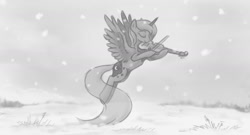 Size: 1280x689 | Tagged: safe, artist:onkelscrut, character:princess luna, species:alicorn, species:pony, g4, grayscale, monochrome, musical instrument, snow, solo, violin