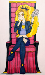 Size: 375x625 | Tagged: safe, artist:metalamethyst, character:adagio dazzle, g4, my little pony:equestria girls, alternate costumes, boots, crossed legs, evil grin, grin, hand on head, jojo's bizarre adventure, phantom blood, shoes, sitting, smiling, smug, spiked headband, spiked wristband, stone mask, the dazzlings, throne, traditional art, wristband