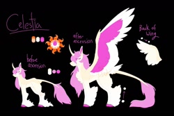 Size: 1280x854 | Tagged: safe, artist:lepiswerid, character:princess celestia, species:alicorn, species:pony, species:unicorn, g4, black background, cloven hooves, colored hooves, colored wings, cutie mark, leg fluff, leonine tail, race swap, redesign, reference sheet, simple background, solo, tail feathers, unicorn celestia, wings