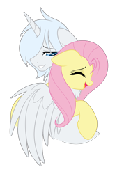 Size: 3067x4298 | Tagged: safe, artist:darkstorm mlp, character:fluttershy, oc, oc:wishing star, species:alicorn, species:pegasus, species:pony, g4, alicorn oc, female, happy, horn, hug, huggle, male, mare, simple background, smiling, stallion, transparent background, winghug, wings