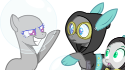 Size: 1280x720 | Tagged: safe, artist:thieeur-nawng, oc, oc only, species:dragon, species:pony, g4, bald, base, clothing, costume, dangerous mission outfit, goggles, grin, hoodie, raised hoof, simple background, smiling, space helmet, underhoof, white background
