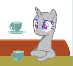Size: 1130x1024 | Tagged: safe, artist:thieeur-nawng, oc, oc only, species:pony, species:unicorn, g4, bald, base, bust, cup, eyelashes, food, horn, magic, simple background, sitting, smiling, solo, tea, teacup, telekinesis, unicorn oc, white background